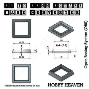 Technical diagram showing 20mm to 25mm square base converter dimensions