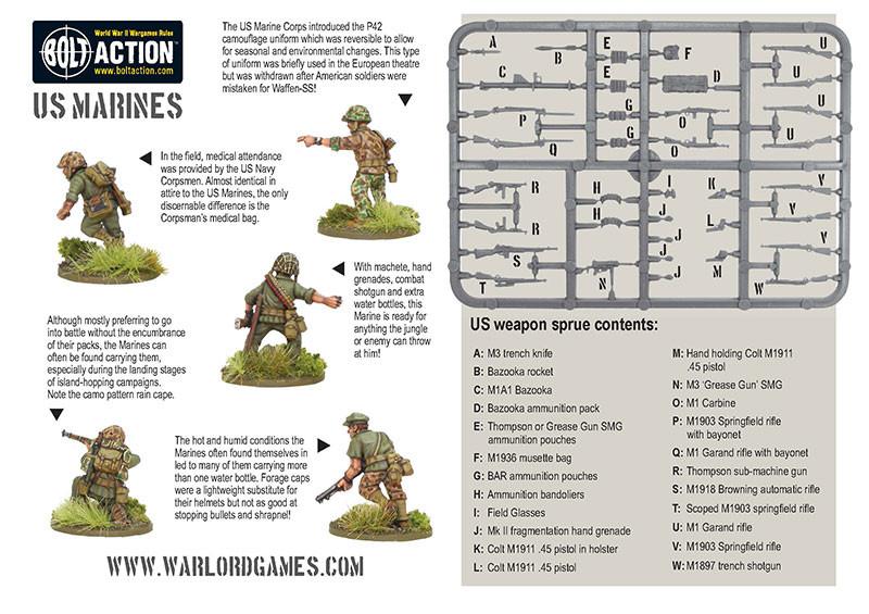 The US weapons sprue with its parts list, and painted Marines with notes on their kit