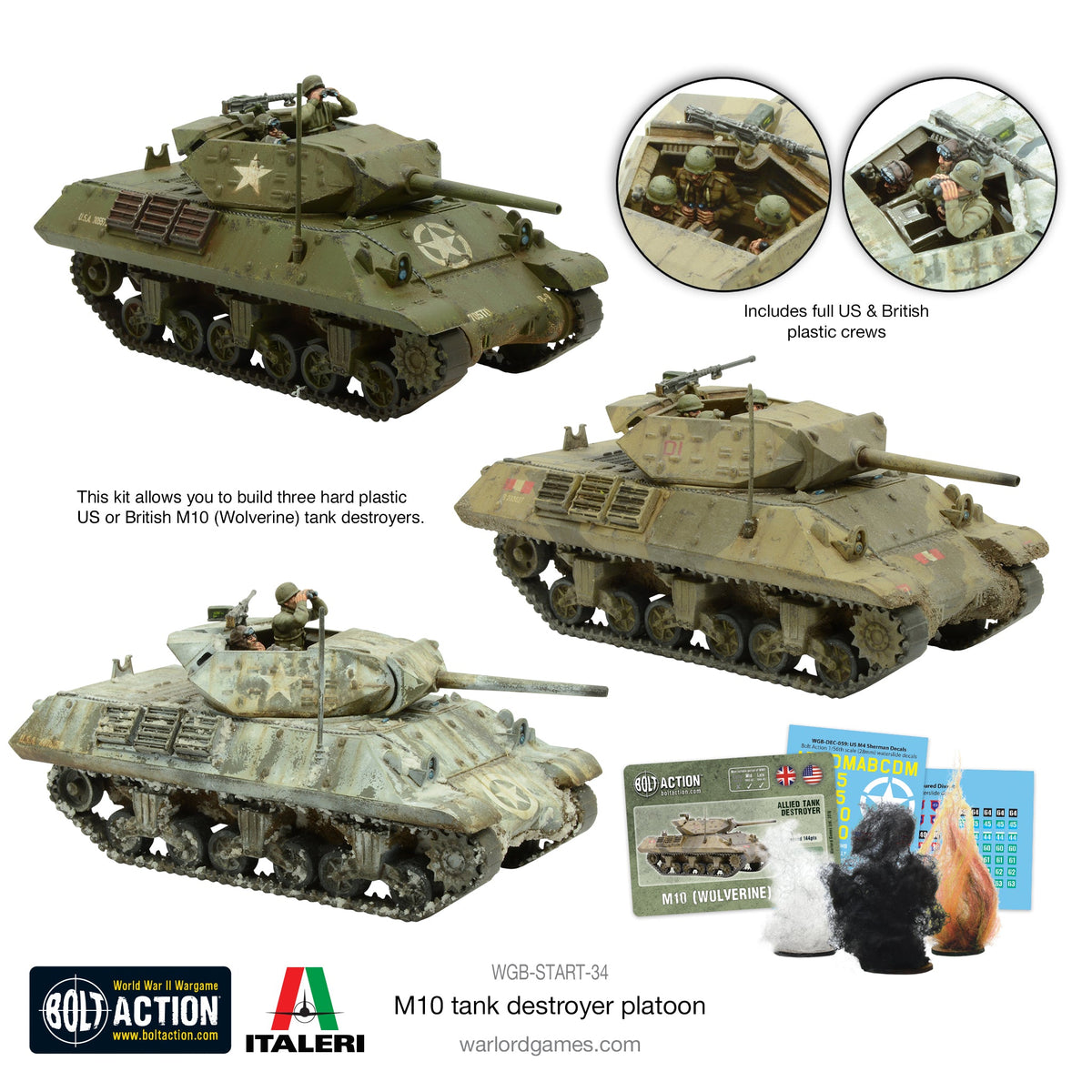 Three painted M10 tank destroyers with close-ups of the US and British crews and the box extras