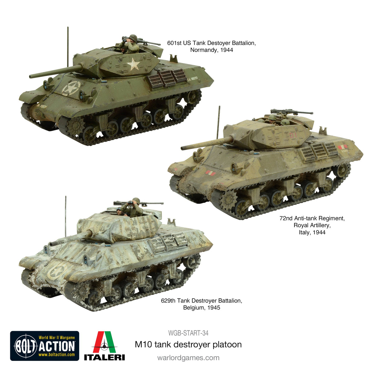 Painted M10s of the 601st US Tank Destroyer Battalion, 72nd Anti-tank Regiment RA and 629th TD Battalion