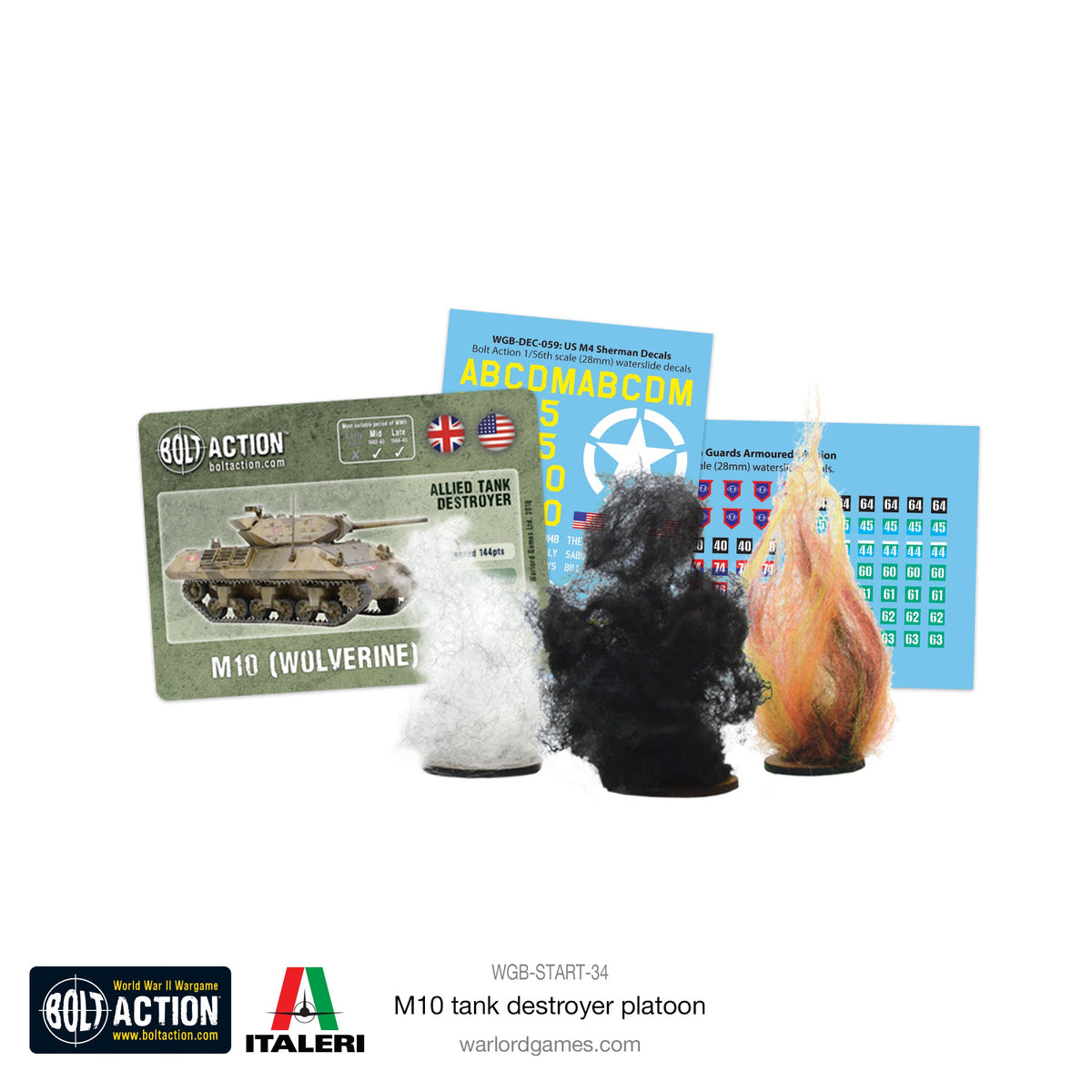Box extras: Bolt Action stat card, US and British decal sheet and damage markers