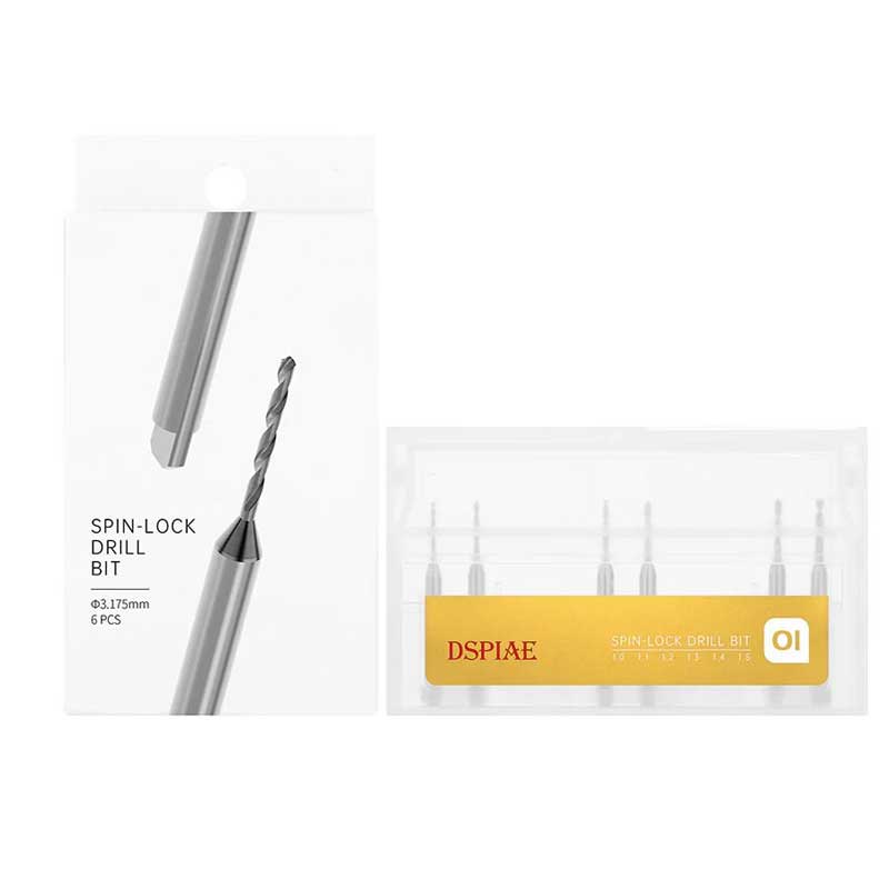 DSPIAE XDB-S01 box and case on white, the gold label reading Spin-Lock Drill Bit 01 with six bits visible through the lid