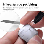 Maker's graphic of a broach bit's mirror-polished edge scribing a panel line on a white part