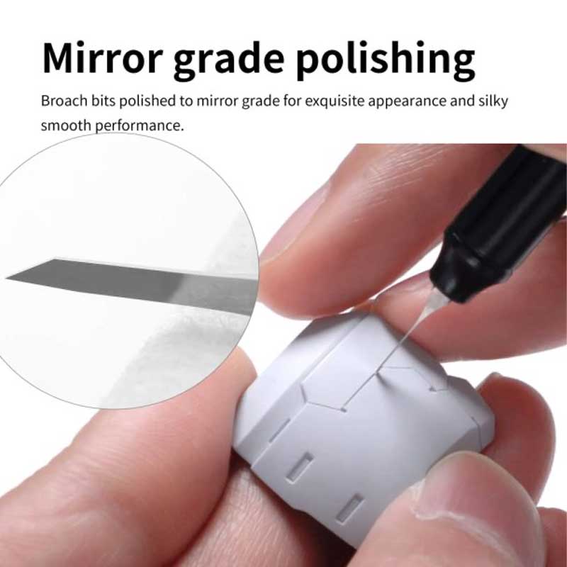 Maker's graphic of a broach bit's mirror-polished edge scribing a panel line on a white part