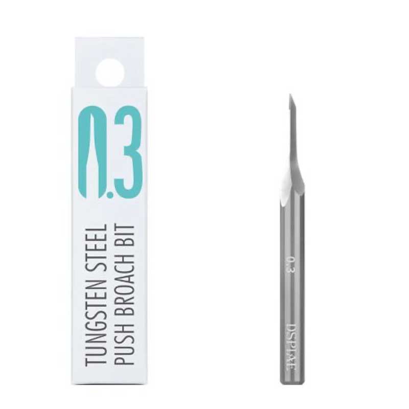ZPB 0.3 mm push broach bit beside its retail box