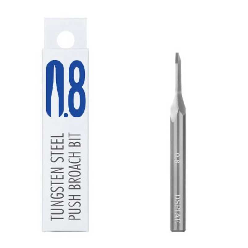 ZPB 0.8 mm push broach bit beside its retail box