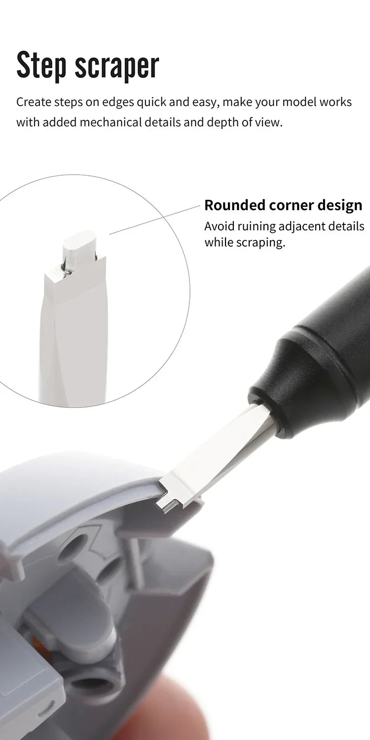 DSPIAE graphic of the gap scraper's rounded-corner tip cutting a step along the edge of a white part