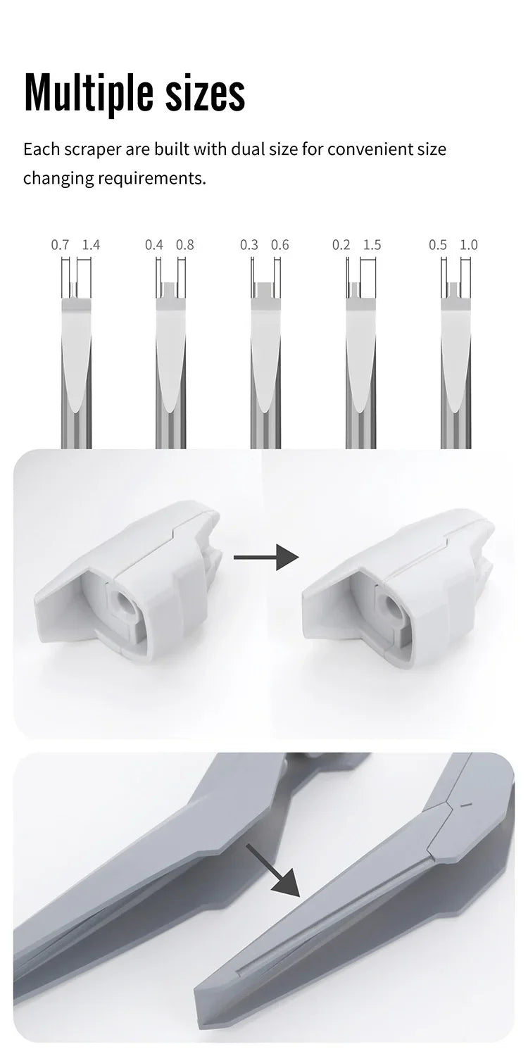 DSPIAE drawing of the five scraper tips with both widths marked, and stepped edges before and after