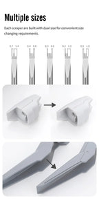 DSPIAE drawing of the five scraper tips with both widths marked, and stepped edges before and after