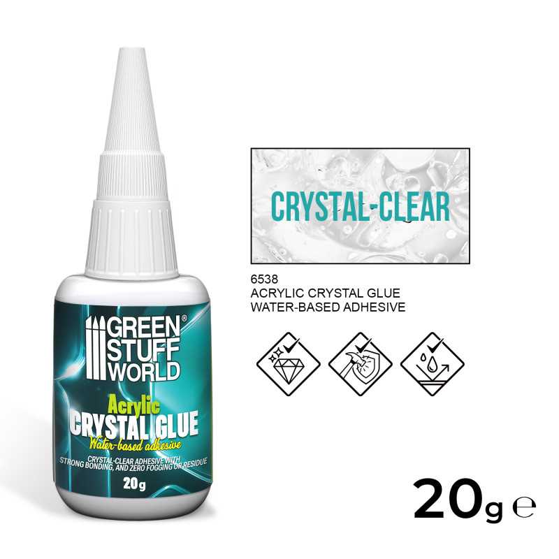 Green Stuff World Acrylic Crystal Glue 20g bottle – clear water-based adhesive for transparent parts.