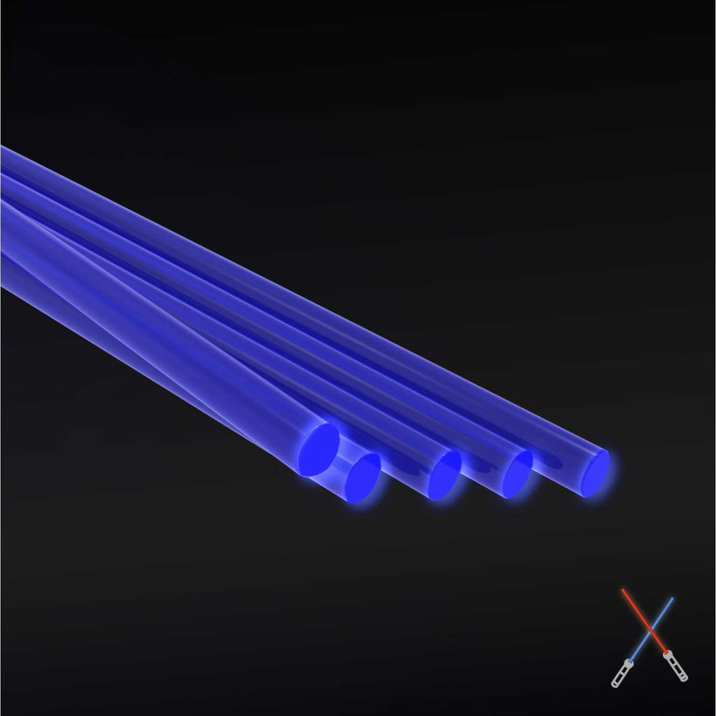 Five fluorescent blue acrylic rods, 1.6 mm, lying side by side on a dark background