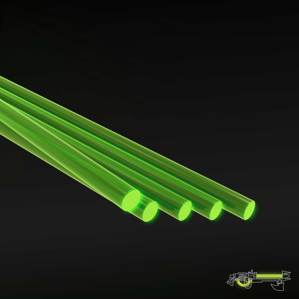 Five fluorescent green acrylic rods, 1.6 mm, lying side by side on a dark background