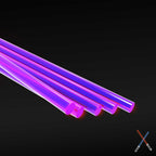 Five fluorescent purple acrylic rods, 1.6 mm, lying side by side on a dark background