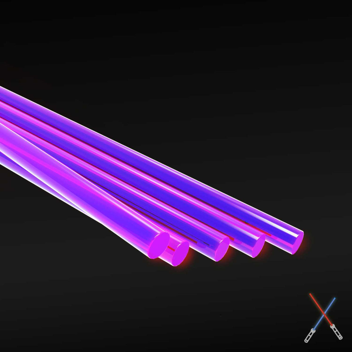 Five fluorescent purple acrylic rods, 1.6 mm, lying side by side on a dark background