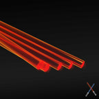 Five fluorescent red-orange acrylic rods, 1.6 mm, lying side by side on a dark background