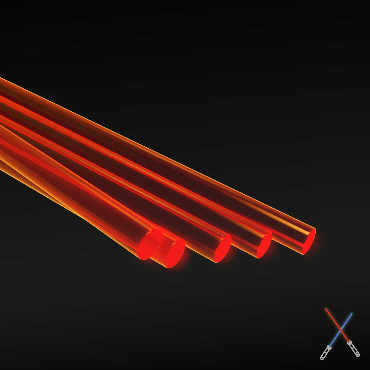 Five fluorescent red-orange acrylic rods, 1.6 mm, lying side by side on a dark background