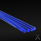 Five fluorescent blue acrylic rods, 2.4 mm, lying side by side on a dark background