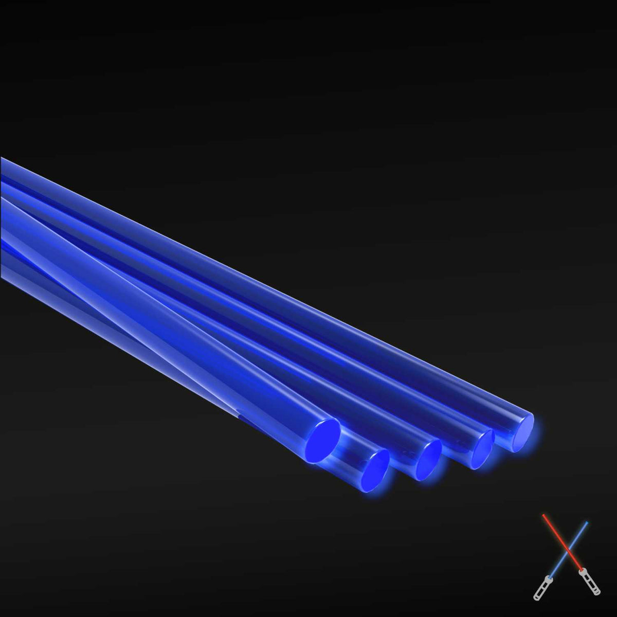 Five fluorescent blue acrylic rods, 2.4 mm, lying side by side on a dark background