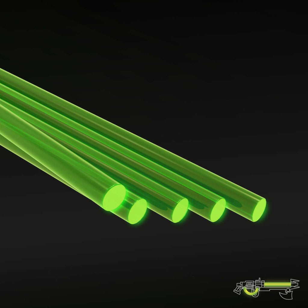 Five fluorescent green acrylic rods, 2.4 mm, lying side by side on a dark background
