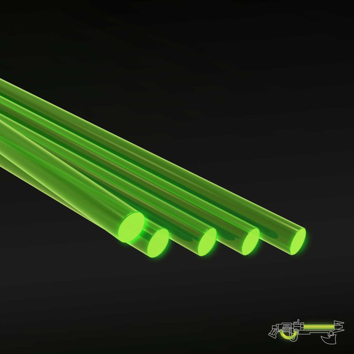 Five fluorescent green acrylic rods, 2.4 mm, lying side by side on a dark background