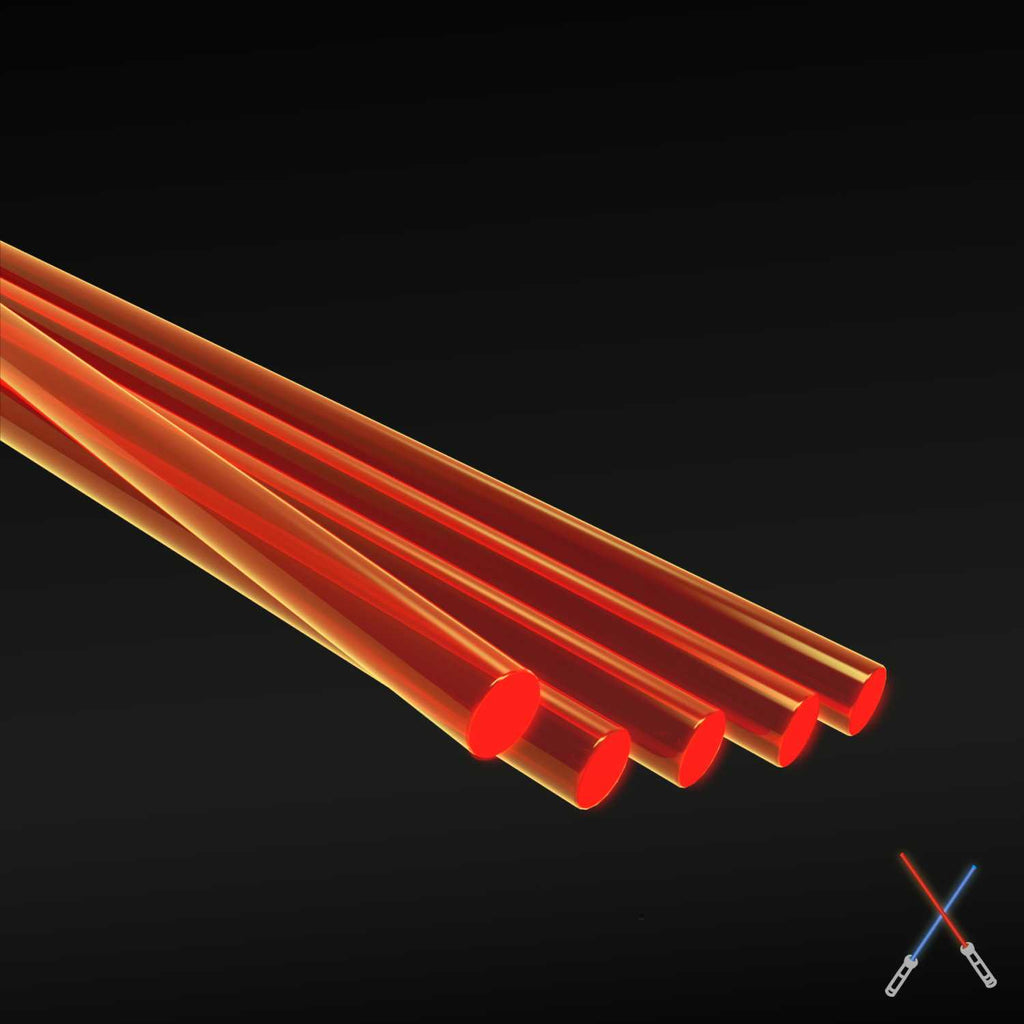 Five fluorescent red-orange acrylic rods, 2.4 mm, lying side by side on a dark background