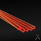Five fluorescent red-orange acrylic rods, 2.4 mm, lying side by side on a dark background