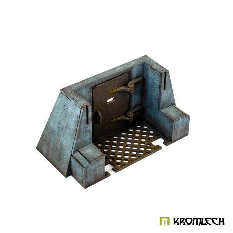 Behind the breach doors: the door's hinges and handles above a grated floor plate
