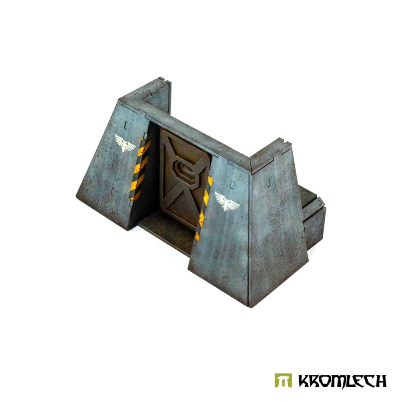 Kromlech Aegis Breach Doors, painted: armoured door shut between sloped buttresses with hazard stripes