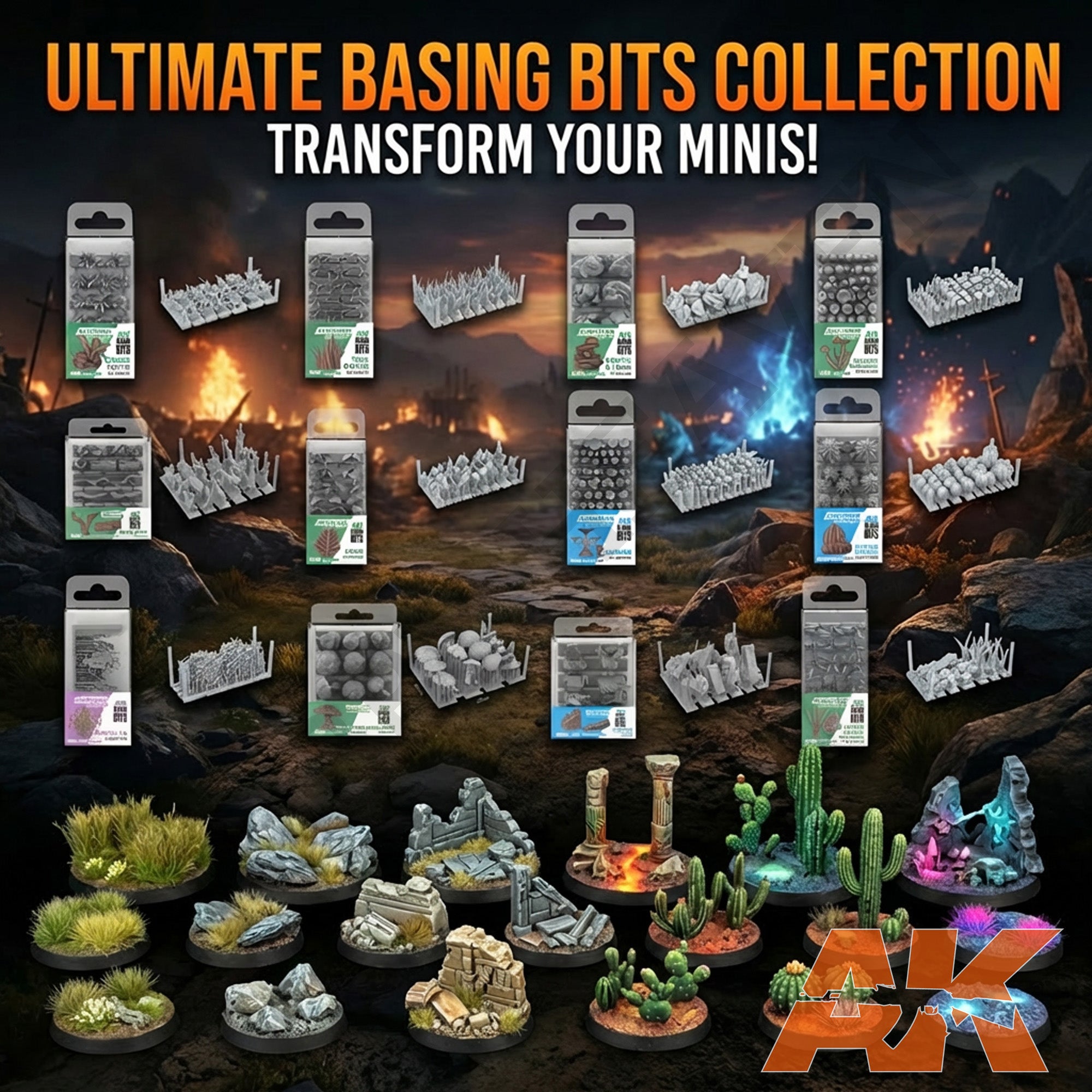 AK Interactive Ultimate Basing Bits Collection showing product packages alongside painted example bases featuring desert ruins, rocky terrain, cactus scenery, and glowing crystal formations on round display bases