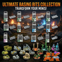 AK Interactive Ultimate Basing Bits Collection showing product packages alongside painted example bases featuring desert ruins, rocky terrain, cactus scenery, and glowing crystal formations on round display bases
