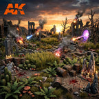 Painted AK Interactive Basing Bits in a complete battlefield diorama scene featuring village ruins, ferns, mushrooms, cacti, barrels, skulls, blood effects, weapon shot effects, portal FX, candles, and smoke on a wargaming terrain board 