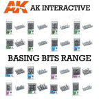 AK Interactive Basing Bits complete range overview showing all product packages including Grass Tufts, Tall Grass, Rocks and Tors, Forest Mushrooms, Dead Tree, Fern, Candles, Barrel Cactus, Village Ruins, Weapon Shot FX, Portal FX, Gigant Mushrooms, and Water Lilies 