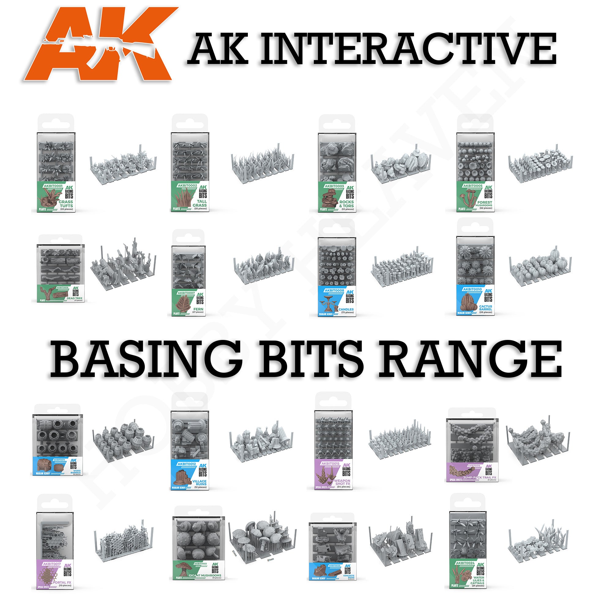 AK Interactive Basing Bits complete range overview showing all product packages including Grass Tufts, Tall Grass, Rocks and Tors, Forest Mushrooms, Dead Tree, Fern, Candles, Barrel Cactus, Village Ruins, Weapon Shot FX, Portal FX, Gigant Mushrooms, and Water Lilies 