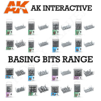 AK Interactive Basing Bits complete range overview showing all product packages including Grass Tufts, Tall Grass, Rocks and Tors, Forest Mushrooms, Dead Tree, Fern, Candles, Barrel Cactus, Village Ruins, Weapon Shot FX, Portal FX, Gigant Mushrooms, and Water Lilies 
