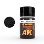 AK2041 Burnt Jet Engine: 35 ml AK PIGMENTS jar with a black screw cap, beside a swatch of near-black sooty powder