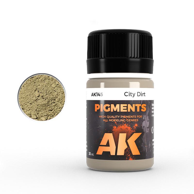 AK145 City Dirt: 35 ml AK PIGMENTS jar with a black screw cap, beside a swatch of pale khaki-grey powder