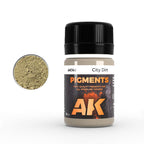 AK145 City Dirt: 35 ml AK PIGMENTS jar with a black screw cap, beside a swatch of pale khaki-grey powder