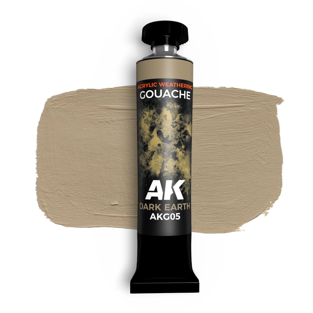 AK Interactive Dark Earth Gouache Paint 20ml (AKG05) for realistic soil and terrain modeling.