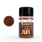 AK2042 Dark Rust: 35 ml AK PIGMENTS jar with a black screw cap, beside a swatch of dark reddish-brown rust powder