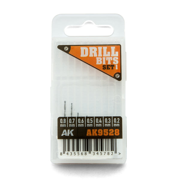 AK Interactive Drill Bits Set 1 with 7 precision bits for hobby use, ranging from 0.2mm to 0.8mm.
