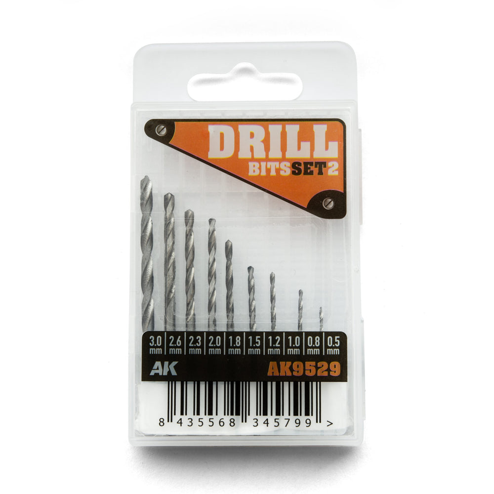 AK Interactive Drill Bits Set 2 with 10 precision bits for hobby use, ranging from 0.5mm to 3.0mm.
