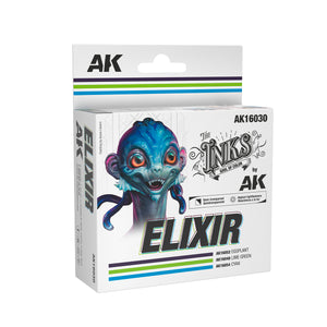 AK Interactive Acrylic Inks Elixir Set (3x 30ml) with vibrant colors.