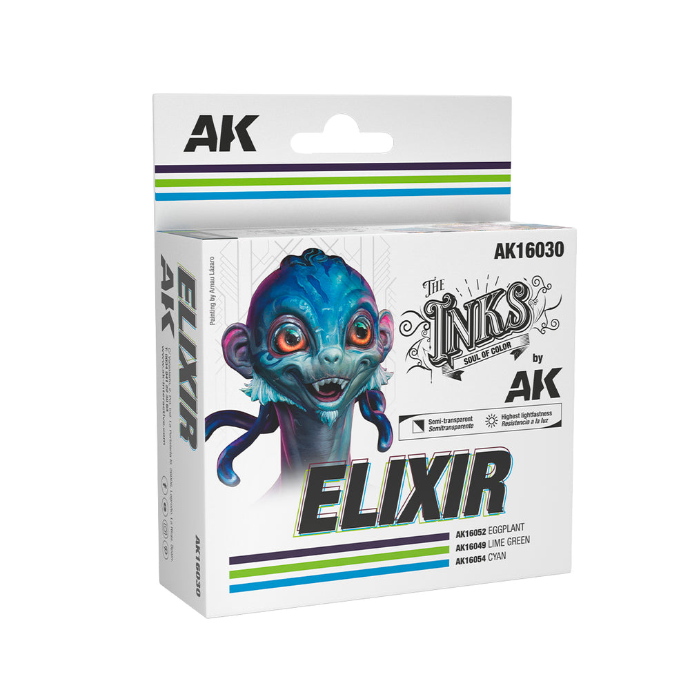 AK Interactive Acrylic Inks Elixir Set (3x 30ml) with vibrant colors.