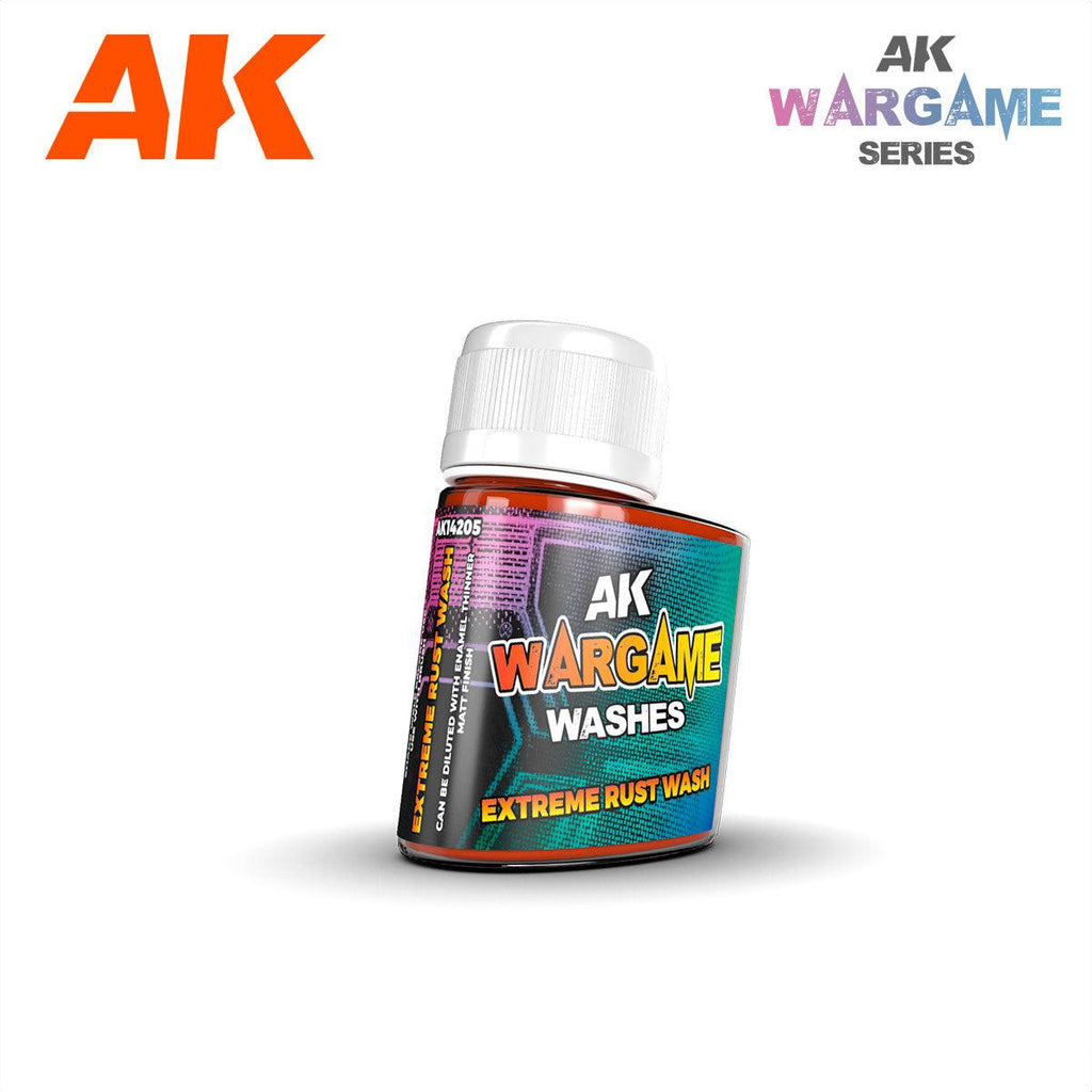 AK14205 Extreme Rust Wash: 35 ml bottle on white with the AK Wargame Series logo, rust-orange liquid at the neck