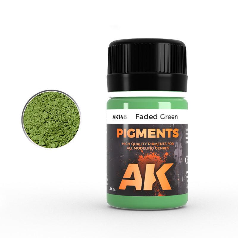 AK148 Faded Green: 35 ml AK PIGMENTS jar with a black screw cap, beside a swatch of yellow-green powder