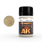AK040 Light Dust: 35 ml AK PIGMENTS jar with a black screw cap, beside a swatch of pale sandy-khaki powder