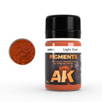 AK044 Light Rust: 35 ml AK PIGMENTS jar with a black screw cap, beside a swatch of light orange-brown powder