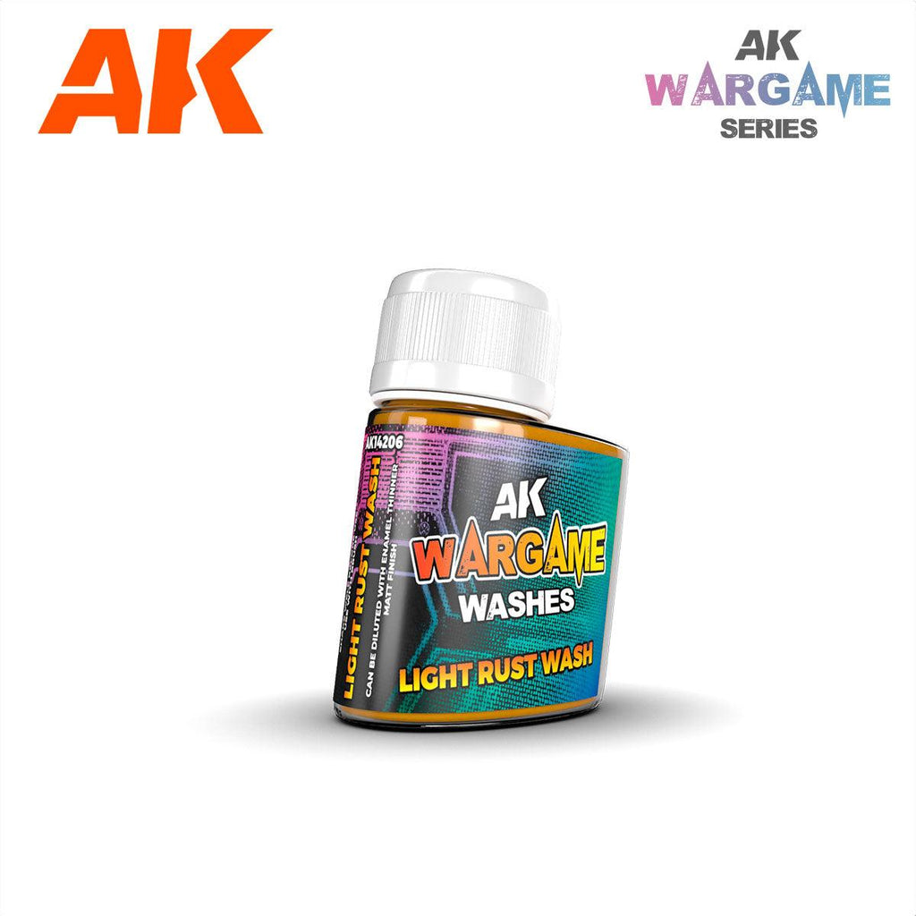 AK14206 Light Rust Wash: 35 ml bottle on white with the AK Wargame Series logo, amber-orange liquid at the neck