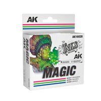 AK Interactive Acrylic Inks Magic Set (3x 30ml) in cool fluorescent tones.
