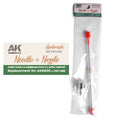 AK Interactive AK9600-02 Needle and Nozzle 0.2mm in clear bag packaging showing stainless steel needle with red protective caps and brass nozzle in separate vial with Turn Your 0.3 Airbrush Into 0.2 label